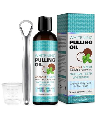 Coconut Pulling Oil (8 Fl.Oz) Mint Oil Pulling for Mouthwash Coconut Oil Pulling with Tongue Scraper Natural Coconut Oil Pulling for Teeth & Healthier Gum Alcohol Free 2 Piece Set