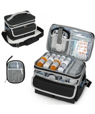 Medicine Storage Bag Pill Bottle Organizer with Shoulder Strap Travel Medicine Organizer Box First Aid Kit with Portable Small Bag Medication Bottle Organizer Empty Black