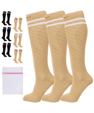 360 RELIEF - Flight Compression Socks Supports | Blood Circulation Travel Work XXL 3Pairs-Beige with 2 White lines