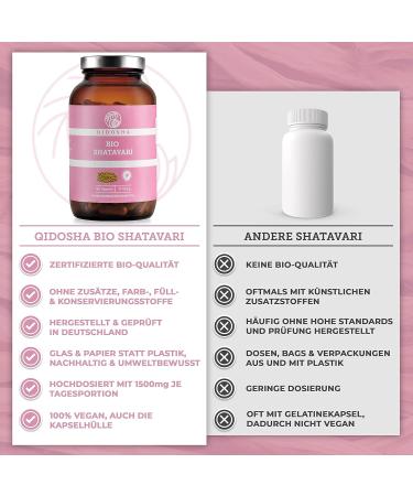 Qidosha Bio Shatavari Capsules 1500 mg - Organic Vegan 180 pcs | Laboratory Tested High Dose Shatavari Powder in Glass Bottles - Buy Online on GoSupps.com