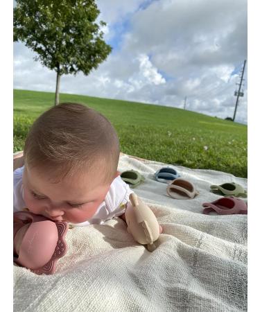 Silicone Baby Teether Set - Anti-Drop Teething Toy & Chew Mitten - Pain Relief Soothing 2 in 1 | Beige Chick & Dark Pink Triceratops - Buy Online on GoSupps.com