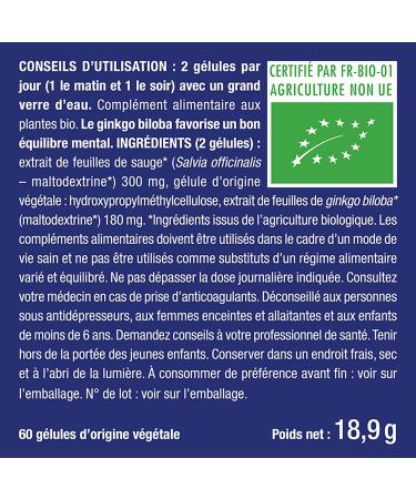 Ginkgo Biloba - Memory & Concentration Complex - Boosts Brain Performance - Organic Sage - 60 Vegan Capsules - Nutrimea - Made in France - Buy Online on GoSupps.com