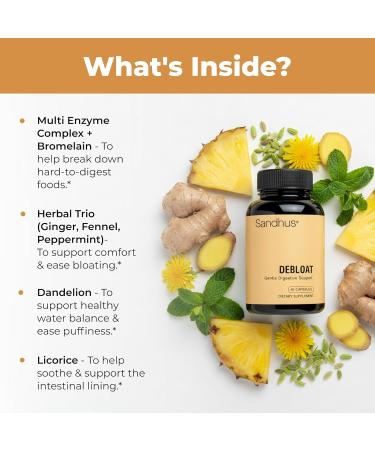 Sandhu's Debloat Digestive Enzymes Capsules | Helps Ease Bloating and Water Retention | Multi-Enzyme Complex With Ginger Dandelion & Fennel | Fast Acting Support Supplement for Women & Men | 60 Count - Buy Online on GoSupps.com