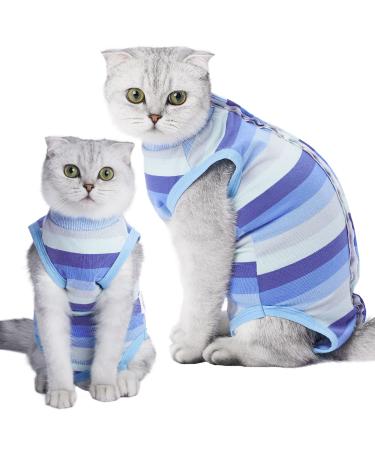 Dogs Cats Recovery Suit, Cat Recovery Onesie Male & Female Cats Abdominal Wounds Bandages Cone E-Collar Alternative After Surgery, Anti-Licking Snugly Bodysuit for Dog & Cat Large Blue Stripe