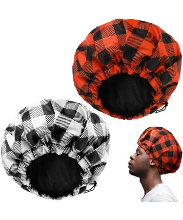 2 Pieces Large Waterproof Shower Caps for Men Reusable Adjustable Bath Cap Men Shower Cap Bath Bonnet Double Layer Terry Cloth Lined Bonnet for Shower Dry Hair Dreadlocks Braids Curly Long Hair