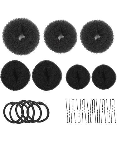 Donut hair bun maker set 7 pieces - hairstyle help set with 5 elastic hair band 10 U -shape hairpise hairpin hair knot shape set for children girls (black)