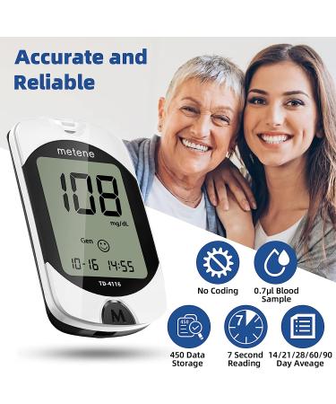 Metene TD-4116 Blood Glucose Monitor Kit  100 Glucometer Strips  100 Lancets  1 Blood Sugar Monitor  1 Lancing Device  Blood Sugar Test Kit  No Coding 207 - Buy Online on GoSupps.com