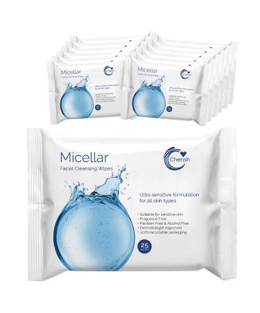 Cherish Hypoallergenic Facial Cleansing Micellar Water Wipes Make Up Removal Sensitive Skin (12 packs x 25 wipes totaling 300 wipes)