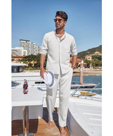 COOFANDY Men's 2 Piece Linen Shirts Set - Summer Beach Outfit, White, X-Large - Buy Online on GoSupps.com