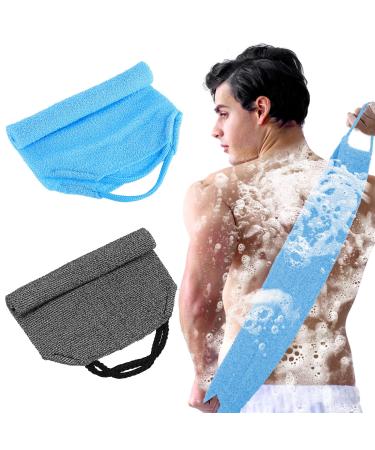Lot de 2 serviettes exfoliantes pour le dos en nylon avec poign es (bleu + gris)