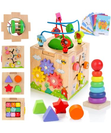 Kizfarm 8-in-1 activity cubes Montessori wooden toys for 1 year children motor cubes 12-18 months baby with rattle scooter Bead Maze Sorting & Stack Board Birthday Weinachen Gift AC21