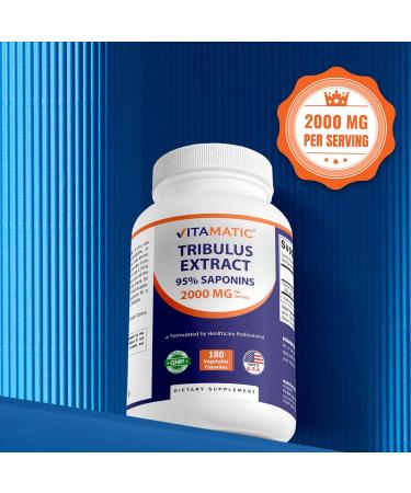 Vitamatic Tribulus Terrestris for Men - 2000 mg per Serving - 95% Saponins - 180 Vegetable Capsules - Made in The USA - Gluten Free & Non-GMO - Buy Online on GoSupps.com