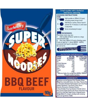 Bachelors Super Noodles Instant Snack Variety Pack: Bacon Chicken BBQ Beef and Curry Flavour 90g Each bundled with Reusable Bamboo Chopsticks - Buy Online on GoSupps.com