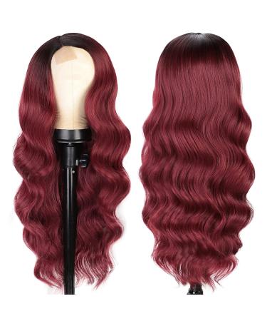 Wine Red Ombre Long Wavy Burgundy Wig | Body Wave Synthetic Heat Resistant Fiber | 26'' Side Part Wig for Women - Buy Online on GoSupps.com