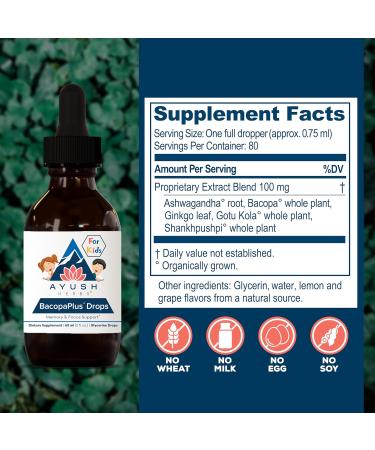 Ayush Herbs BacopaPlus Drops for Kids - Kids Focus and Attention Supplement with Bacopa Ashwagandha Ginkgo Support for Brain & Memory Organic Ingredients - 2 Fl Oz (80 Servings) - Buy Online on GoSupps.com