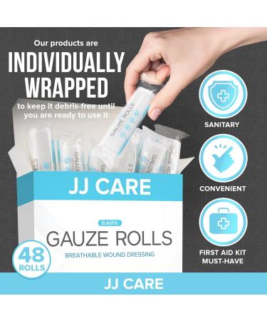JJ CARE Gauze Rolls Pack of 48 - Individually Wrapped 4 x 4.1 Yards Gauze Bandage Roll with Bonus Medical Tape - Latex Free & Stretchable - Buy Online on GoSupps.com
