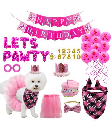 Dog Birthday Party Supplies LMSHOWOWO Dog Birthday Bandana Girl with Dog Birthday Hat Bow Tie Sticky Number Tutu Skirt Outfit LETS PAWTY Balloon Dog Birthday Banner Cake Toy for Dogs Pet (Pink)