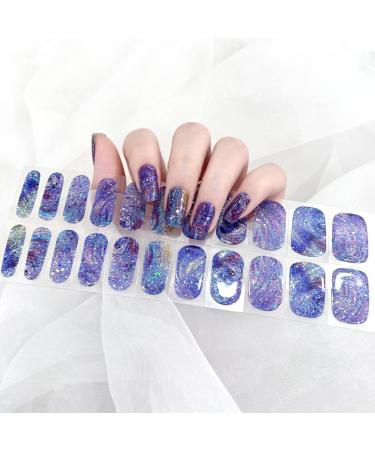 Gel Nail Strips Gel Nail Stickers - 20 Stickers Gel Nail Wraps Soft Self Upgrade Full-Cured Gel Nail Strips Adhesive Gel Nail Stickers Lasting for 15 Days Gel Nail Strips No Need UV/LED Lam(37-Blue)