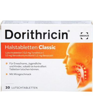 Dorithricin Halfstabicken Classic 20 sucking tablets for sore throats and difficulties of swallowing - bacteria & viruses - mint taste - from 2 J 20 (1 Pack) - Buy Online on GoSupps.com