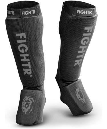 FIGHTR Shin Guards - Ideal Fit and Padding | shin Protection for Kicks in Kickboxing, MMA, Muay Thai and Other Combat Sports All Black
