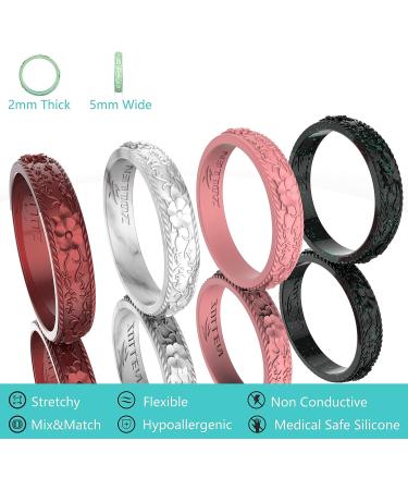 Zollen Silicone Wedding Rings for Women - Flower & Vine Collection 7 Pack - Black, Marble, Metallic Bordeaux, Pink - Size 7-7.5 (17.3mm) - Buy Online on GoSupps.com