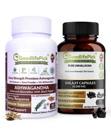 GoodlifePick Ashwagandha & Pure Himalayan Shilajit Bundle 90 Veg Capsules Each All-Natural Vegan Non-GMO No Gluten No Rice Powder