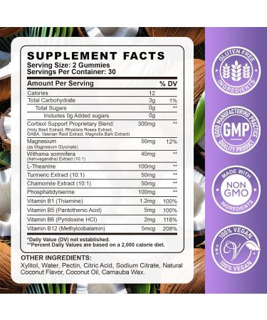 Cortisol Gummies for Women - Cortisol Supplements with Magnesium Glycinate, Ashwagandha, L-Theanine, Vitamin B Complex for Relaxation, Sleep, Calm Mood & Focus - Vegan, Sugar Free Coconut Flavor Coconut 60 Count (Pack of 1) - Buy Online on GoSupps.com