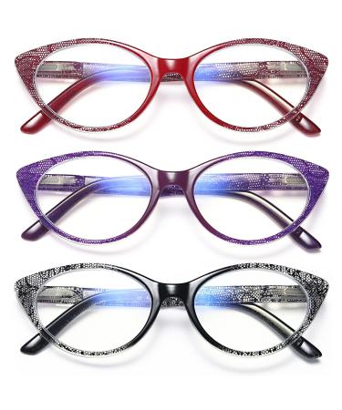 EYEURL Cat Eye Reading Glasses for Women - Blue Light Blocking Spring Hinge Anti Eyestrain Women Readers 3 Pairs-1 2.0 x