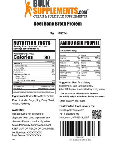 BulkSupplements.com Beef Bone Broth Protein Powder - Keto Friendly & High Quality - 1kg/ 2.2lbs Pack - Bone Broth Diet and Beef Protein Powder - Buy Online on GoSupps.com