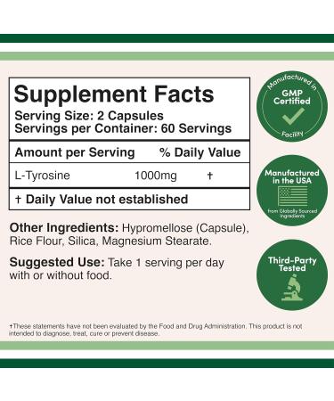 L-Tyrosine 1,000mg per Serving 120 Veggie Capsules (L Tyrosine Supplement for Memory Attention and Focus) Amino Acid Vegan Safe Non-GMO by Double Wood - Buy Online on GoSupps.com