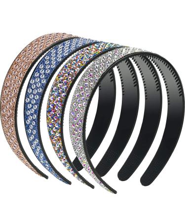 4 Pieces Crystal Rhinestone Headband Teeth Comb Headbands Plastic Hair Band Crystal Beaded Bling Hairbands Non-slip Hard Headbands for Women Girls Lady Hair Accessories (1 Inch)