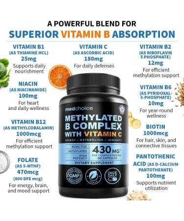 9-in-1 Methylated B Complex with Vitamin C, B Complex, B12 & L-5-MTHF - Vegan, Non-GMO, Gluten-Free & GMP-Certified Energy, Brain & Wellness Daily Methylcobalamin Multivitamin (90 Servings, Pack of 1) 90 Count (Pack of 1) - Buy Online on GoSupps.com