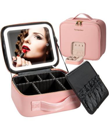 Makeup Travel Bag with LED Lighted Mirror Adjustable Brightness Portable Waterproof Makeup Case with Adjustable Dividers, Make up Train Case Organizer Makeup Brush Accessories and Tool Case (Pink)