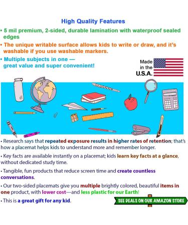 Children's Placemat: USA/Europe Centered World Map, Alphabet, Colors, Numbers, Shapes - Set of 2 - Buy Online on GoSupps.com
