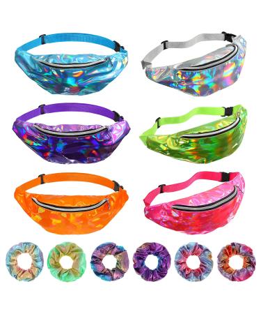 6 Pieces Holographic Fanny Pack Set Bachelorette Fanny Pack 80s Party Metallic Bag Adjustable Neon Waist Bag with 6 Pieces Hair Scrunchies for Women kids Rave Party