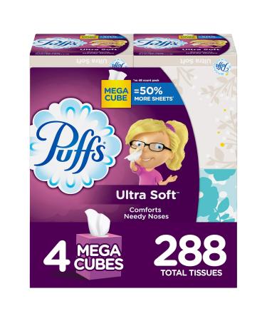 Puffs Ultra Soft Non-Lotion Facial Tissues, 4 Mega Cube Boxes (288 Total Tissues)