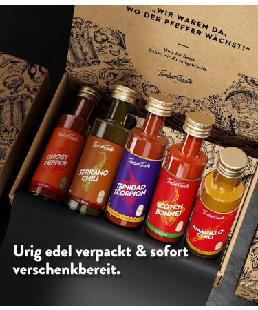 Timber Taste Chili Sauce Gift Set | Exotic Hot Sauce Collection | Perfect Gift for Fathers Day | 5 x 40 ml Sharp Sauces for Men & Women - Buy Online on GoSupps.com