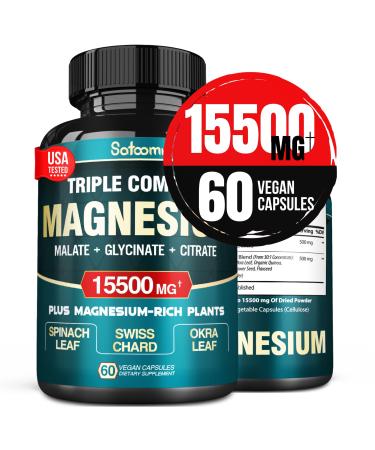 15500 mg Triple Magnesium Complex Supplement - High Concentrated with Magnesium Glycinate Magnesium Malate Magnesium Citrate Spinach Leaf & More - Support Heart Joint & Brain - 60 Vegan Capsules