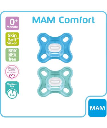 MAM Comfort Schnuller Set - Small & Light Silicone Pacifiers for Newborns | 0+ Months Blue/Turquoise - Includes Soft SkinSoft Design & Storage Box - Buy Online on GoSupps.com