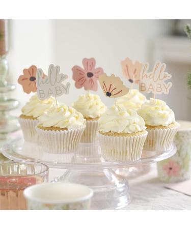 Ginger Ray Floral Hello Baby and Flower Cupcake Toppers with Wooden Picks 12 Pack Cupcake Toppers
