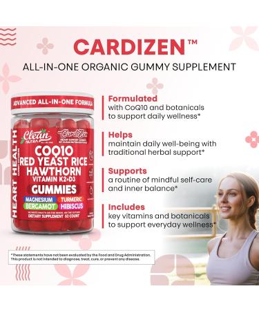 Clean Nutra CoQ10 Gummies Red Yeast Rice Hawthorn K2 Vitamin Supplement Magnesium Glycinate Turmeric Citrus Bergamot Hibiscus VIT D K Fenugreek Garlic Supplements Heart Support Gummy 60ct - Buy Online on GoSupps.com