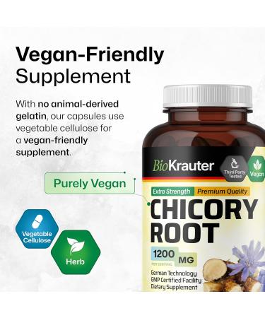 BIO KRAUTER Chicory Root for Gut & Digestive Support - Pure Vegan Prebiotics & Fiber Supplement in Capsules 1200 mg per Serving 250 Count - No Fillers Non-GMO - 62 Days of Supply 250 Count (Pack of 1) - Buy Online on GoSupps.com