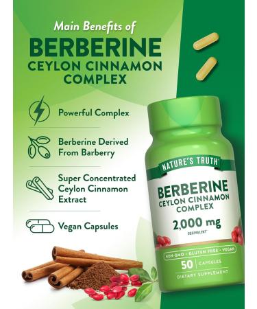Nature's Truth Berberine with Ceylon Cinnamon Complex | 2 000mg | 50 Vegan Capsules | Vegan Non-GMO and Gluten Free Supplement - Buy Online on GoSupps.com