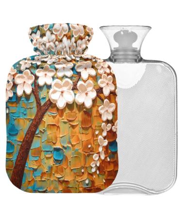 NAANLE hot water bottle with cover Flowers Tree Painting Transparent Warm water bottle 2l Large hot hot water bottle for pain relief back Hand feet heat heat and cold therapy