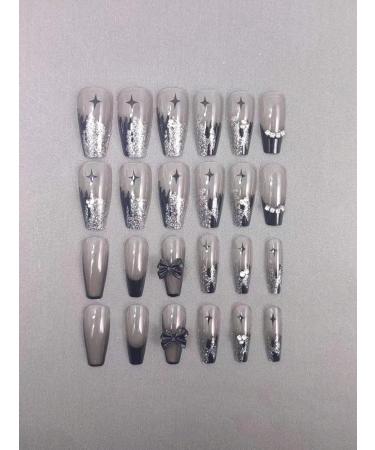 24pcs Black French Rhinestone Bow Coffin Fake Nail Bow 3D Press on Nails Black Bow Nails Luxurious Nails Acrylic Nails Fake Nails For Women Girls - Buy Online on GoSupps.com