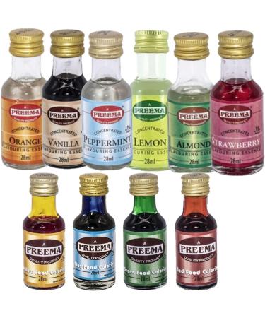 Food Flavouring Essence and Food Colour Bundle Containing 6 Preema Food Flavours/Essences and 4 Food Colours (Peppermint Almond Vanilla and More) - Buy Online on GoSupps.com