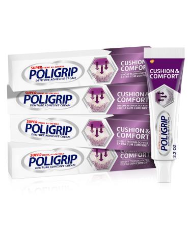 Poligrip Cushion & Comfort, Denture and Partials Adhesive Cream for Extra Comfort and Hold of Dentures, 2.2 Ounces (Pack of 4)