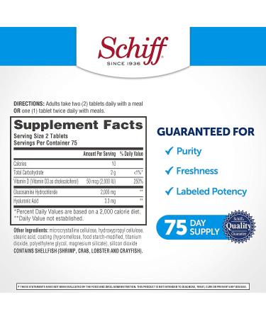 Schiff Glucosamine 2000mg with Vitamin D3, Hyaluronic Acid 150 Tablets - Joint Supplement (3-Pack, 600 Count) - Buy Online on GoSupps.com