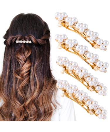 OIIKI 4PCS Pearl Hair Clips  White Pearls Rhinestones Hair Sanp Clips  Cute Pearl Hair Pin Barrettes for Women  Girls  Brides  Elegant Hair Accessories for Parties  Wedding  Daily Use -Gold