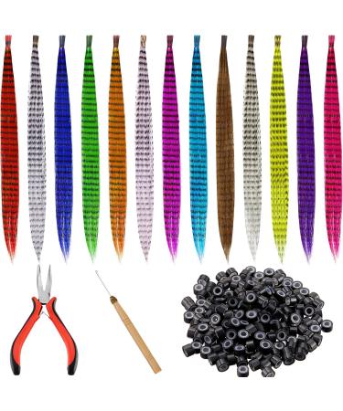 52 Pieces Colored Synthetic Hair Feather Colorful False Hair Extension with 200 Pieces Silicone Lined Micro Ring Crochet Hook Hair Extension Remover Plier for Women